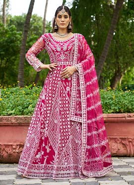 Rani Pink Net Zari Embroidered Anarkali Suit