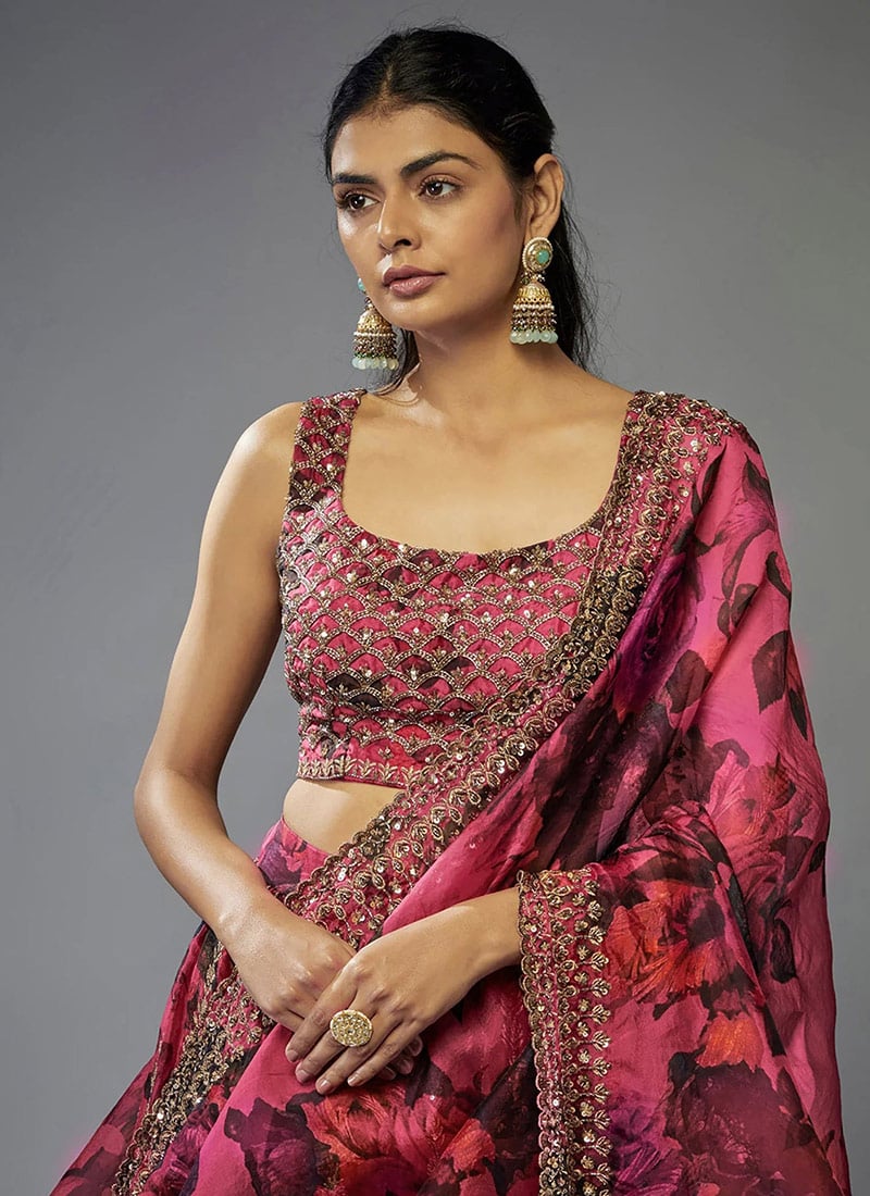 Rani Pink Organza Zari And Sequins Embroidered Umbrella Lehenga