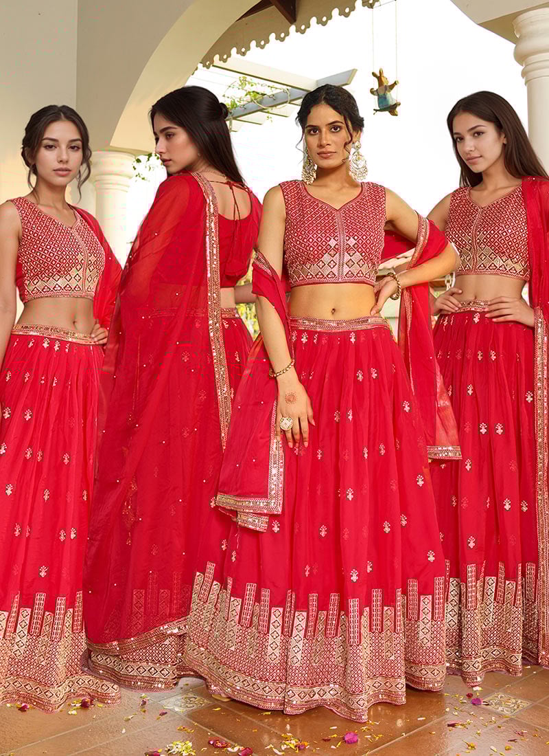 Rani Pink Satin Silk Zari Embroidered Sequins Lehenga
