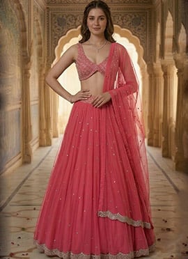 Rani Pink Sequins And Stone Work Net Lehenga