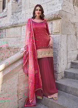 Rani Pink Shimmer Silk Gota Embroidered Sequins Palazzo Suit With Bandhini Print Dupatta