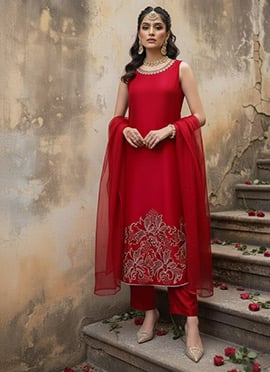 Rani Pink Silk Zari Sequin Embellished Straight Pant Suit