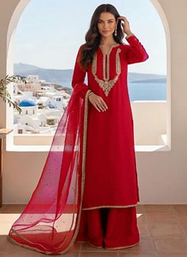 Rani Pink Silk Zari Sequins Embroidered Palazzo Suit