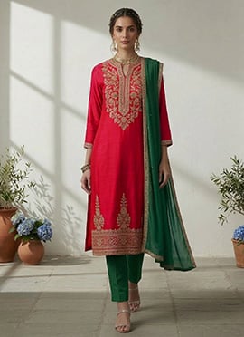 Rani Pink Silk Zari Sequins Straight Pant Suit