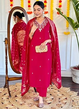 Rani Pink Viscose Chanderi Embroidered Jacquard Straight Pant Suit