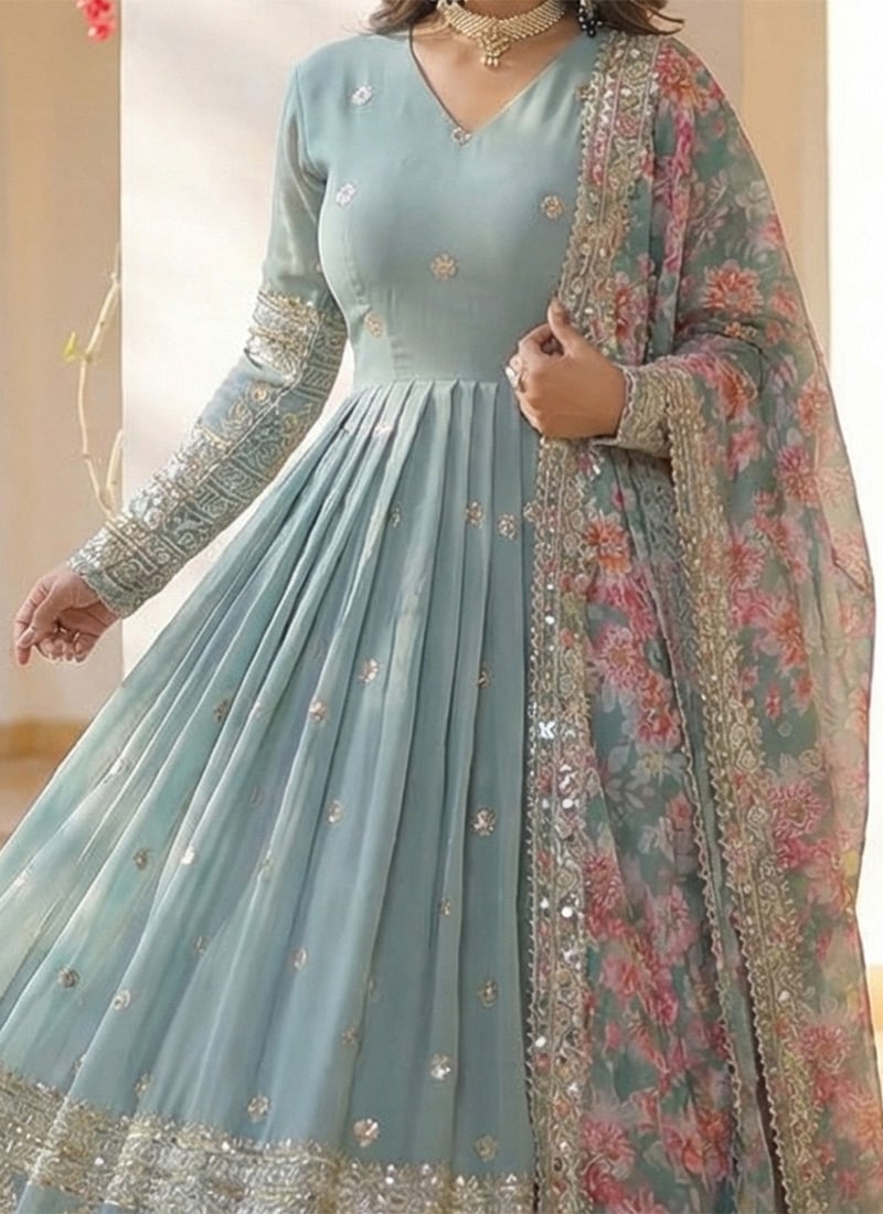 Zircon Embellished Gown with Zari Floral Motifs
