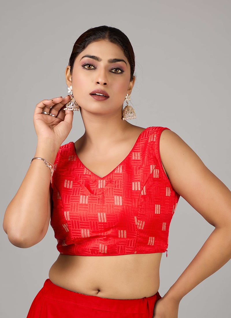 Red Art Silk Blouse V Neck Blouse Festive Wear