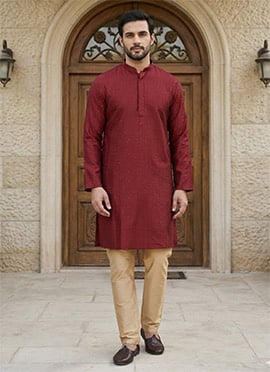Red Banglory Silk Embroidered Sequins Kurta Pyjama
