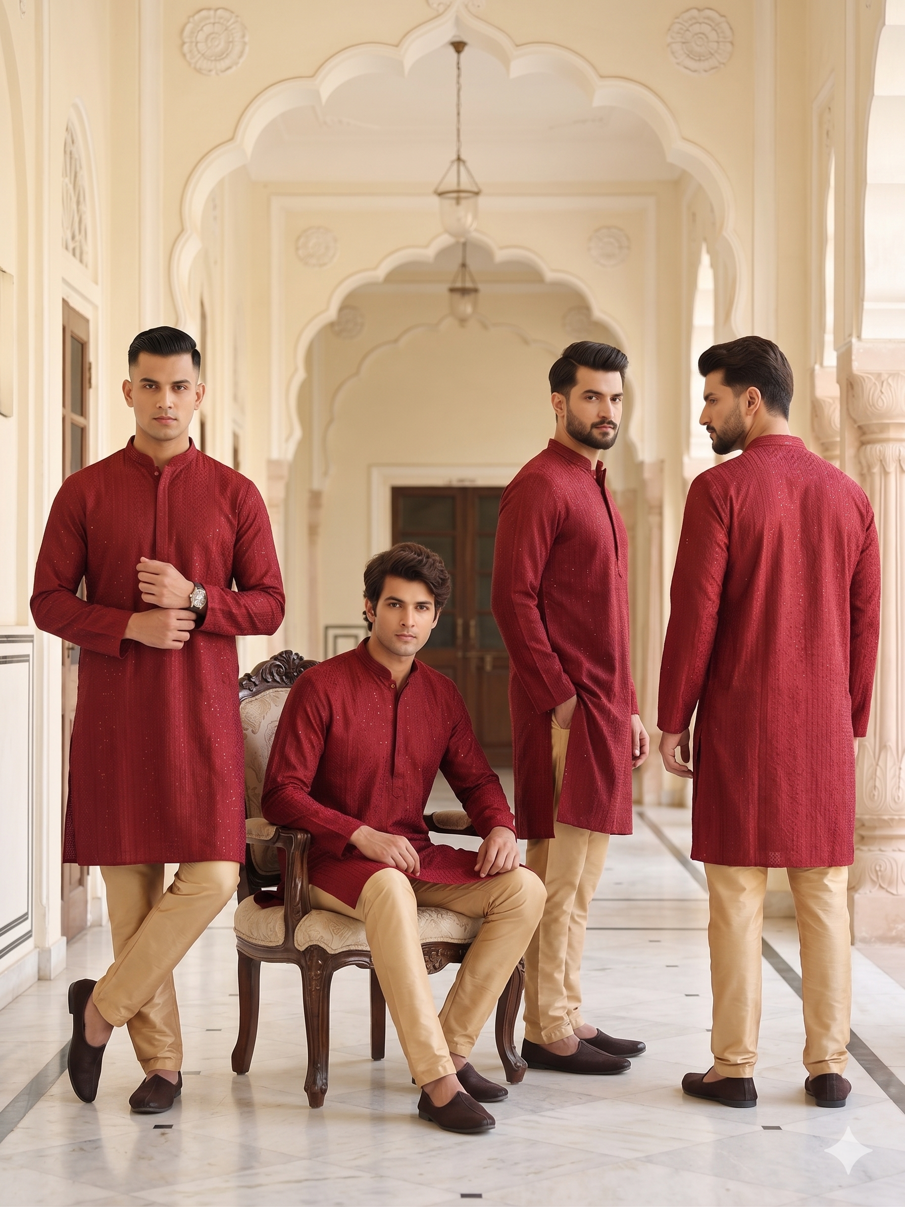 Red Banglory Silk Embroidered Sequins Kurta Pyjama Festive Wear