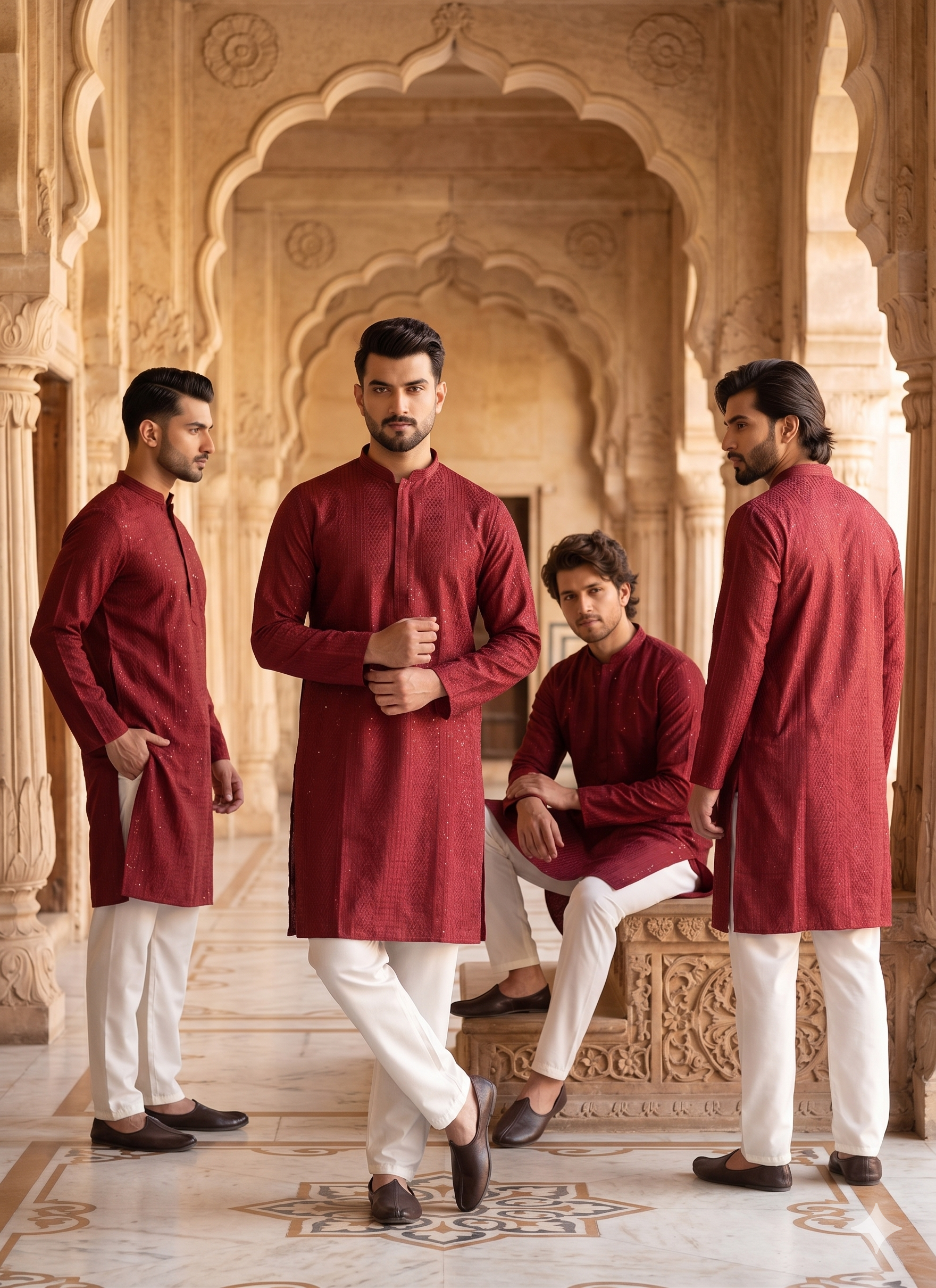 Red Banglory Silk Embroidered Sequins Kurta Pyjama Festive Wear