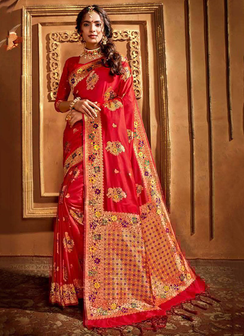 Red Benarasi Art Silk Saree Festive Wear