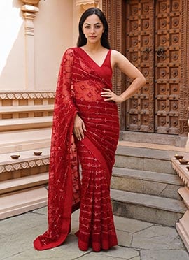 Red Butterfly Net Stone Work Sequins Saree