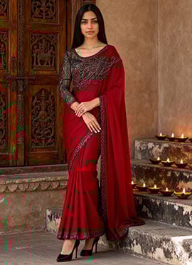 Red Chiffon Embroidered Sequins Cut Work Saree