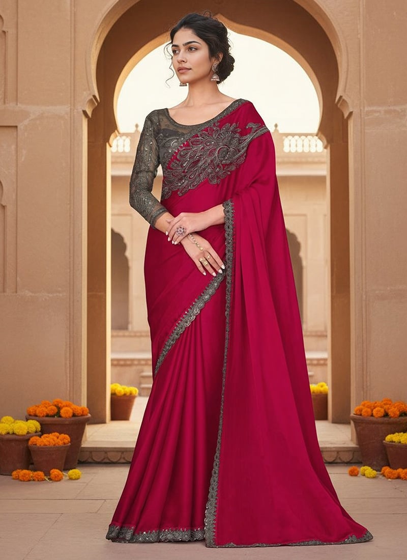 Red Chiffon Embroidered Sequins Cut Work Saree