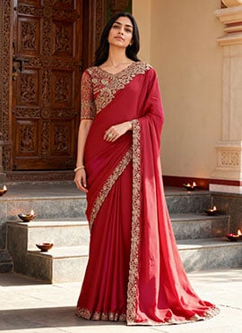 Red Chiffon Zari Embroidered Sequins Saree For Festive Glam