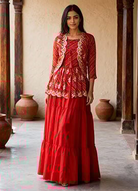 Red Chinon Bandhini Print Embroidered Indowestern Jacket Skirt Set