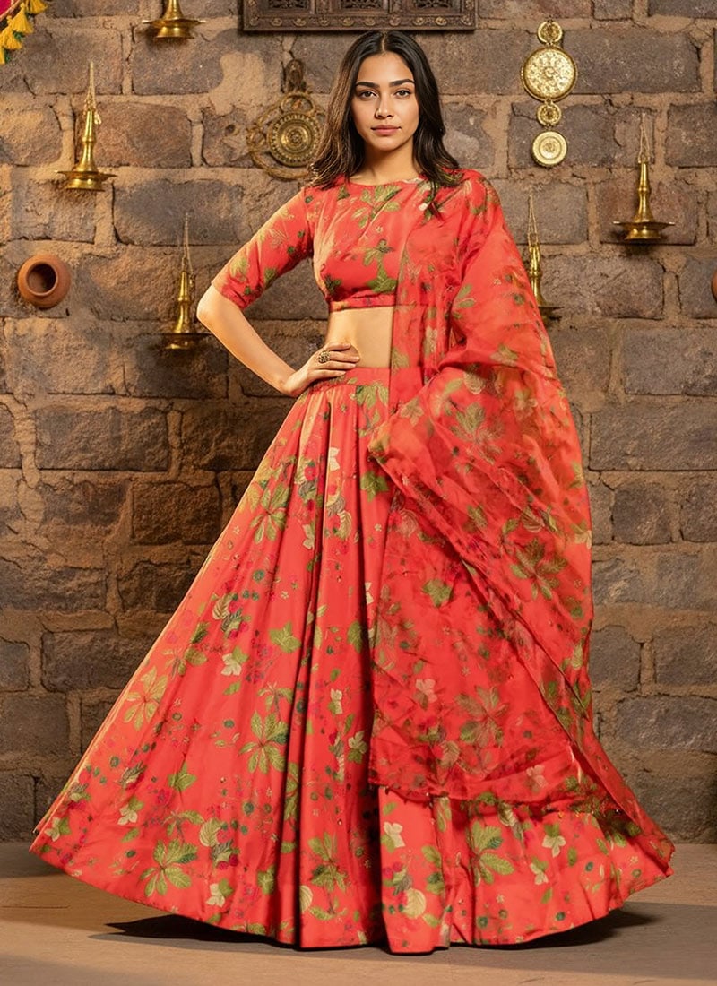 Red Chinon Digital Floral Print Lehenga