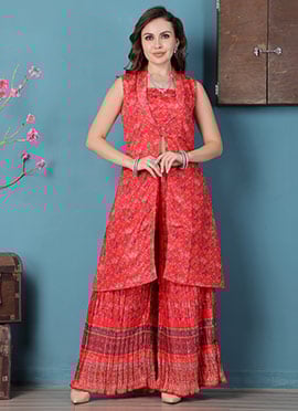 Teen Girls Red Chinon Digital Printed Co Ord Set With Jacket