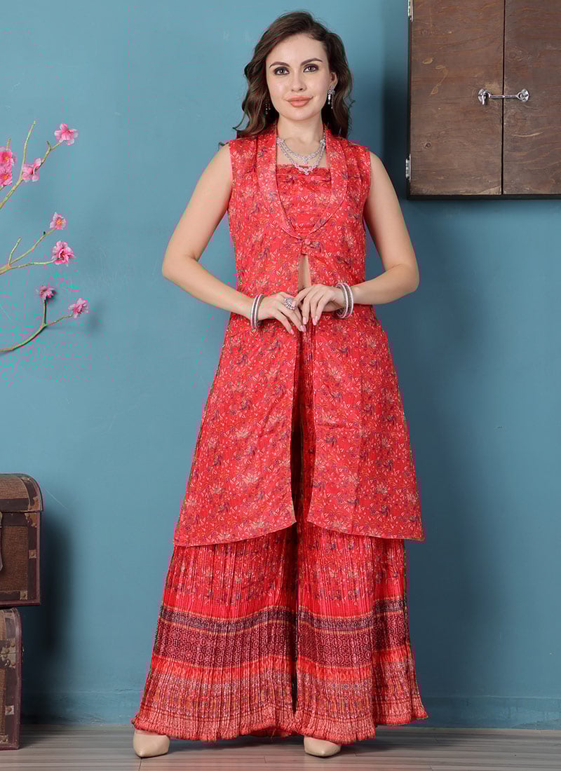 Teen Girls Red Chinon Digital Printed Co Ord Set With Jacket Festive Wear