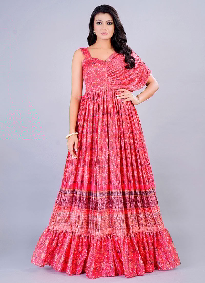 Teen Girls Red Chinon Digital Printed N Pleated Gown Festive Wear
