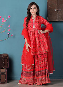 Red Chinon Digital Printed Palazzo Suit