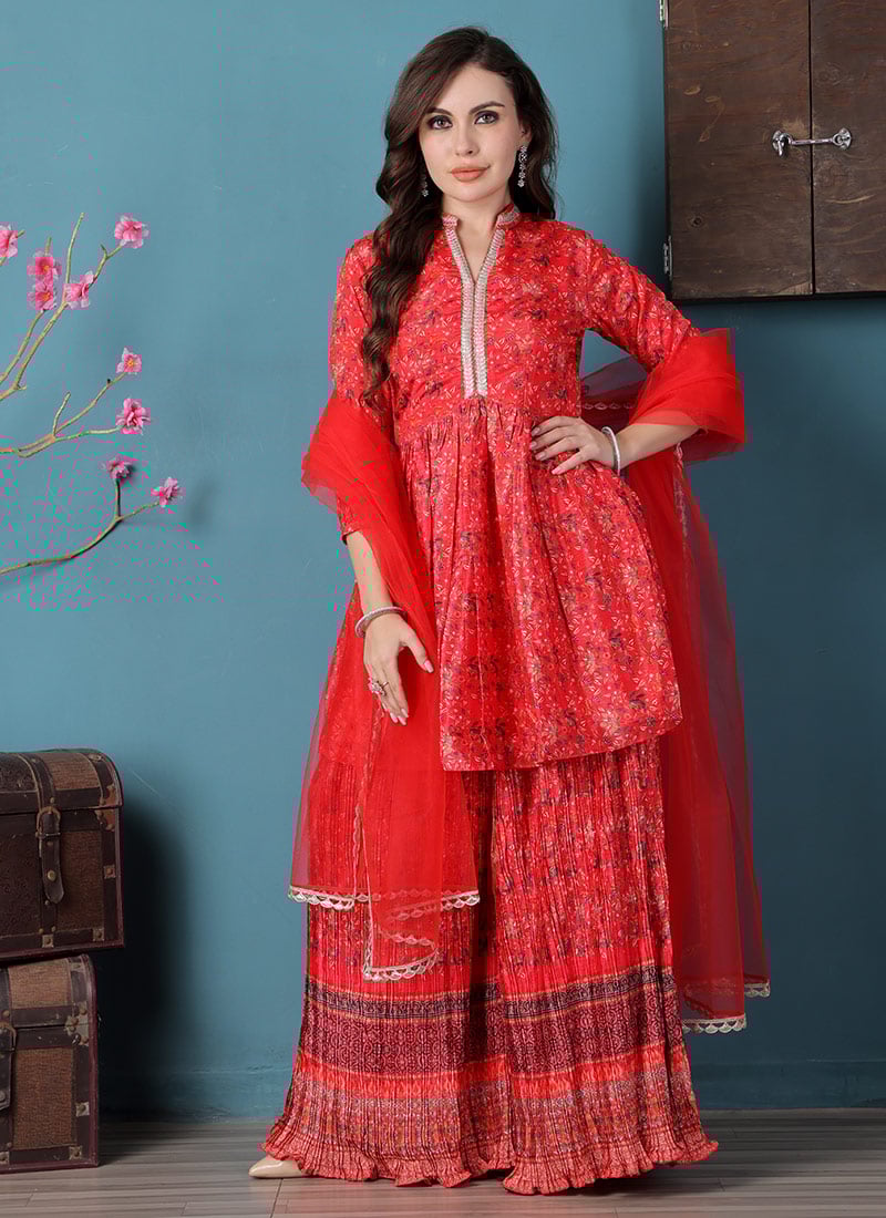 Red Chinon Digital Printed Palazzo Suit