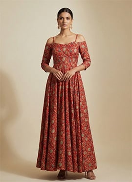 Red Chinon Printed Maxi Dres