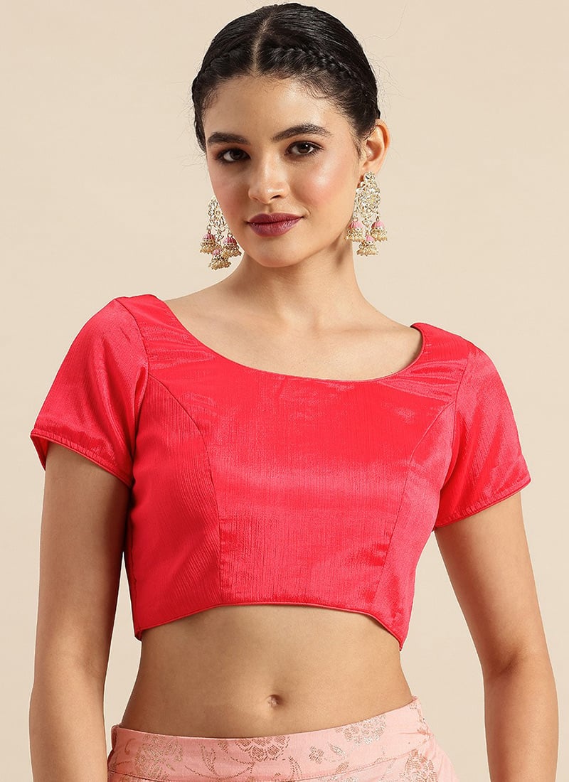 Red Chinon Round Neck Blouse Work Wear