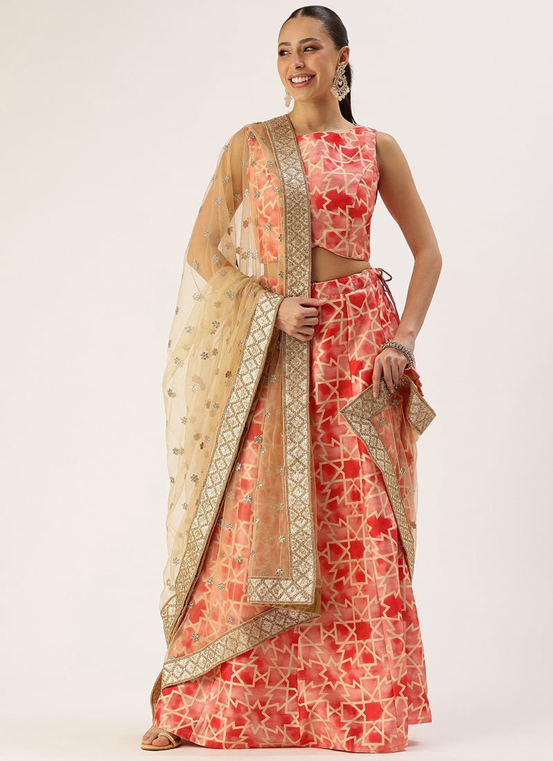 Red Cotton Printed Kali Style Lehenga Set Festive Wear