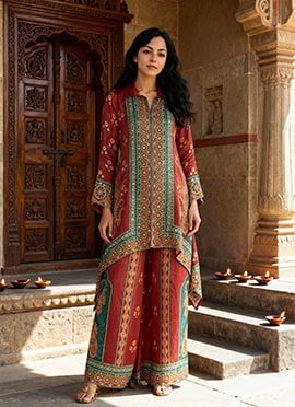 Red Crepe Silk Mirror Work And Digital Print Co ord Sets