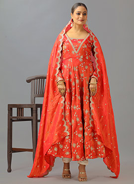 Red Dual Tone Viscose Embroidered Anarkali Suit