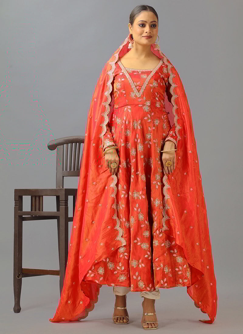 Red Dual Tone Viscose Embroidered Anarkali Suit