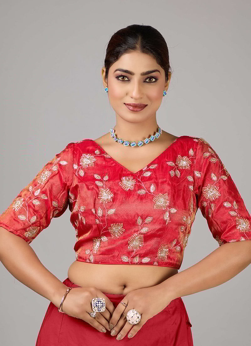 Red Dual Tone Viscose Embroidered V Neck Blouse Wedding Wear