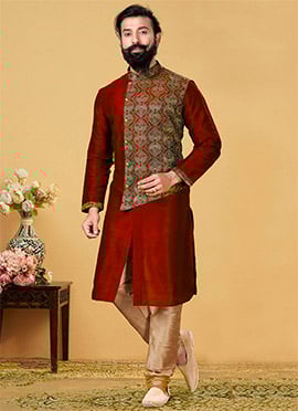 Red Dupion Silk Embroidered Kurta Pyjama
