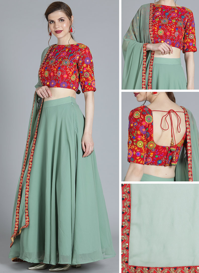 Red Embroidered High Neck Style Lehenga Set Festive Wear