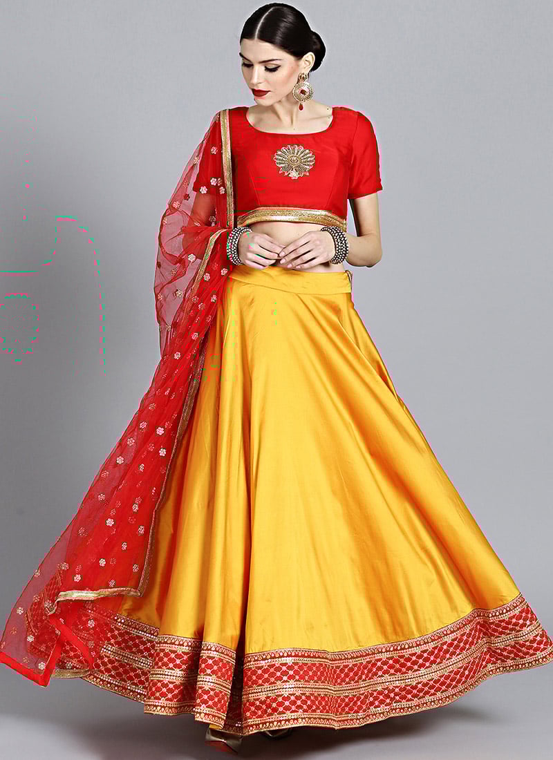 Red Embroidered Modal Satin Lehenga
