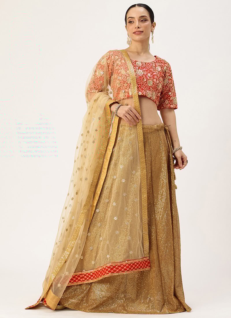 Teen Girls Red Embroidered N Gold Sequins Lehenga Set Wedding Wear