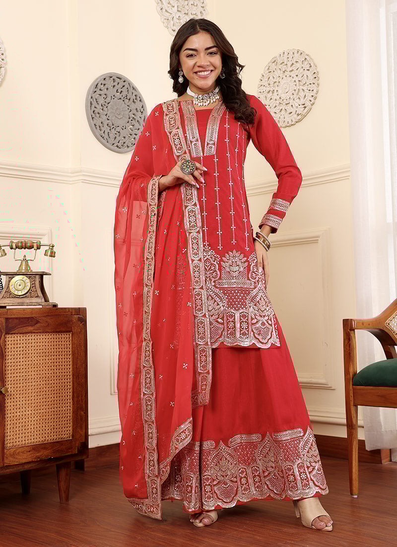 Red Embroidered Silk Palazzo Suit