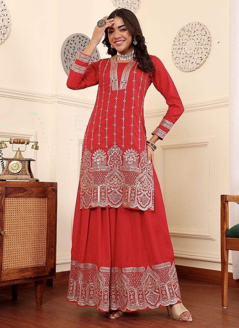 Red Embroidered Silk Straight Top