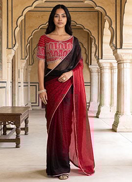 Red Fandy Chiffon Embroidered Cutdana Saree Border