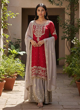 Red Faux Georgette Embroidered Beads Sequins Sharara Suit