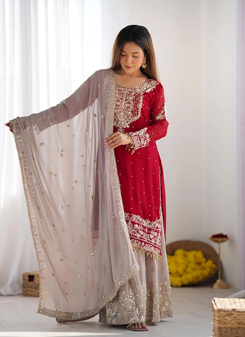 Red Faux Georgette Embroidered Beads Sequins Sharara Suit
