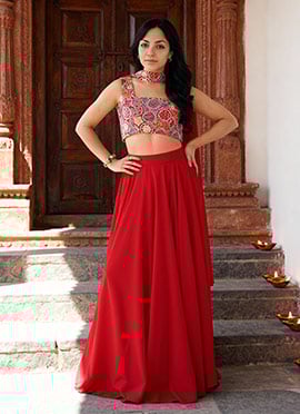 Red Faux Georgette Embroidered Sequins Chic Lehenga
