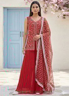 Red Faux Georgette Embroidered Sequins Sharara Suit With Criss Cross Dupatta