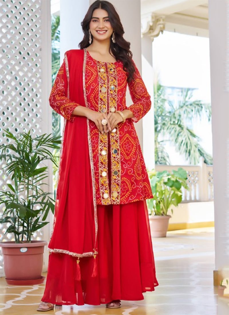 Red Georgette Embroidered With Bandhini Print And Mirror Work High Slit Palazzo Suit Festive Wear