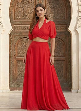 Red Faux Georgette Indowestern Skirt Set