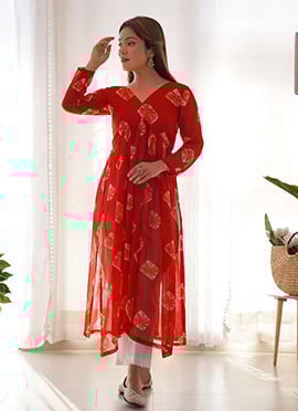 Red Faux Georgette Printed Kurta Straight Pant Set