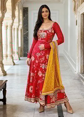 Red Faux Georgette Sequins Embroidered And Digital Print Anarkali Suit
