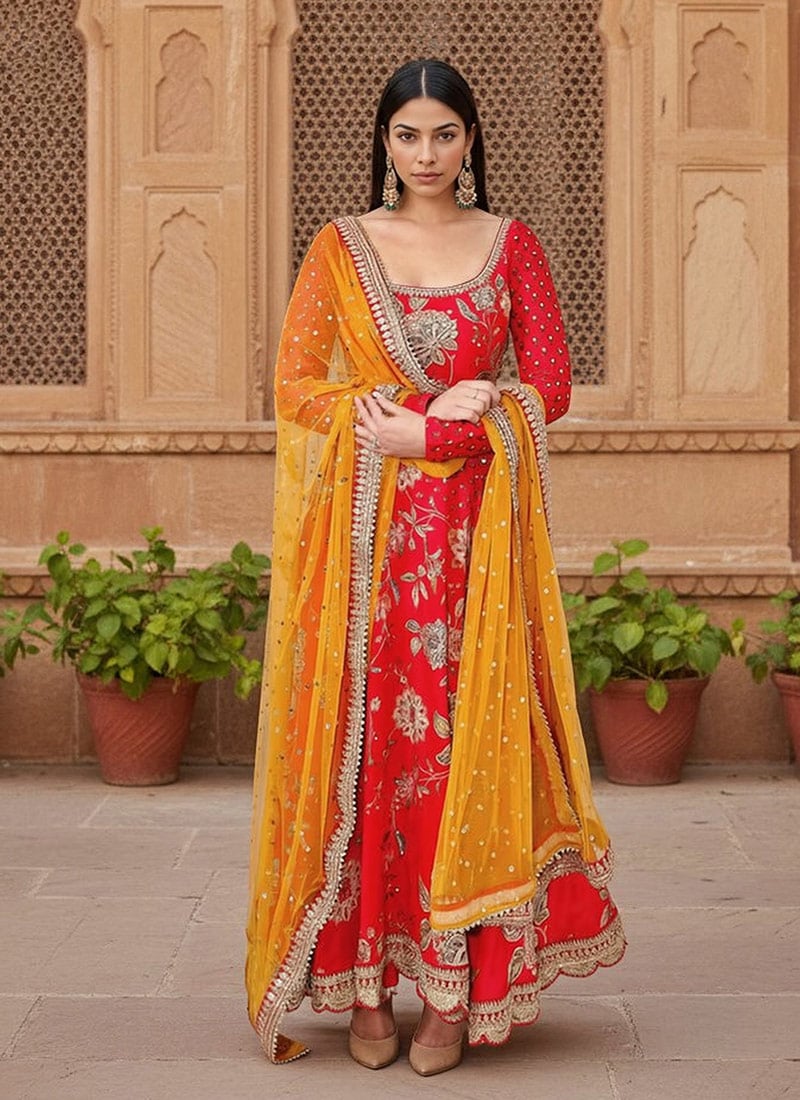 Red Faux Georgette Sequins Embroidered And Digital Print Anarkali Suit