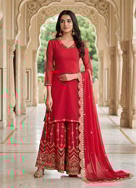 Red Faux Georgette Sequins Zari Embroidered Palazzo Suit